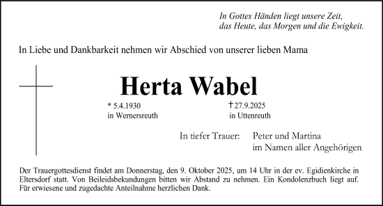 Traueranzeige von Herta Wabel von Erlanger Nachrichten Lokal