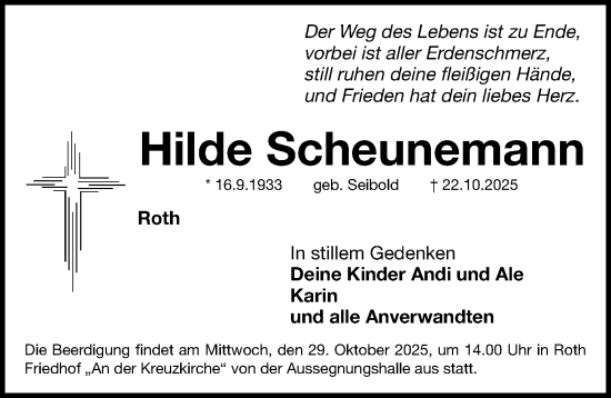 Traueranzeige von Hilde Scheunemann von Roth-Hilpoltsteiner Volkszeitung Lokal