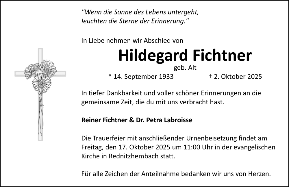  Traueranzeige für Hildegard Fichtner vom 11.10.2025 aus Schwabacher Tagblatt Lokal