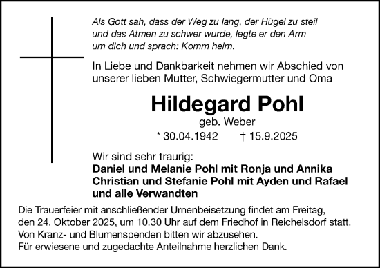 Traueranzeige von Hildegard Pohl von Gesamtausgabe Nürnberger Nachrichten/ Nürnberger Ztg.