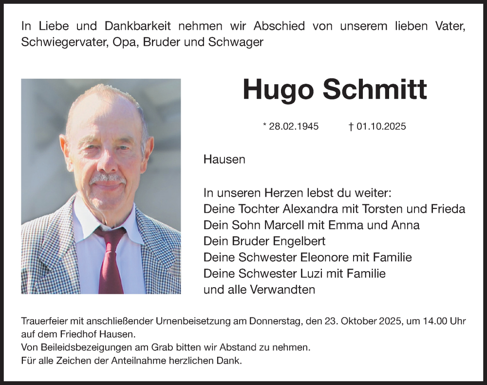  Traueranzeige für Hugo Schmitt vom 18.10.2025 aus Nordbayerische Nachrichten Forchheim Lokal