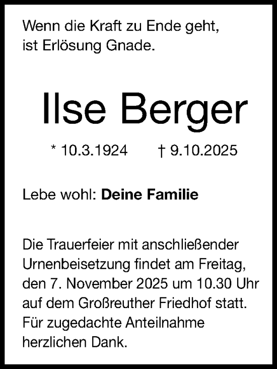 Traueranzeige von Ilse Berger von Gesamtausgabe Nürnberger Nachrichten/ Nürnberger Ztg.