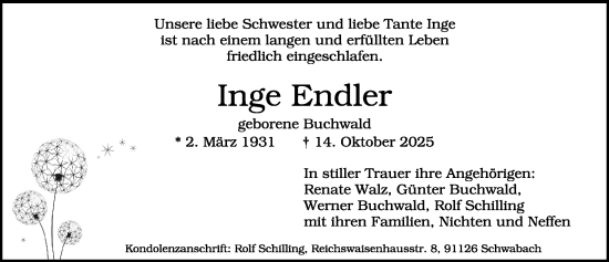 Traueranzeige von Inge Endler von Schwabacher Tagblatt Lokal