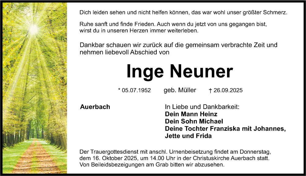  Traueranzeige für Inge Neuner vom 11.10.2025 aus Nordbayerische Nachrichten Pegnitz Lokal