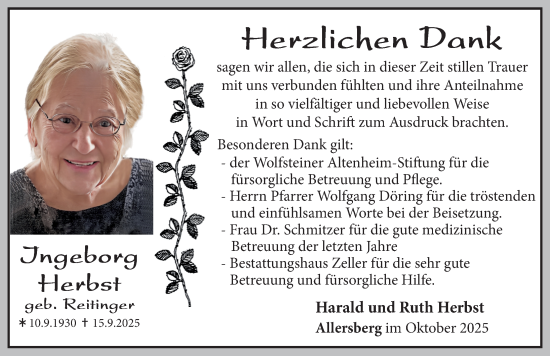 Traueranzeige von Ingeborg Herbst von Roth-Hilpoltsteiner Volkszeitung Lokal