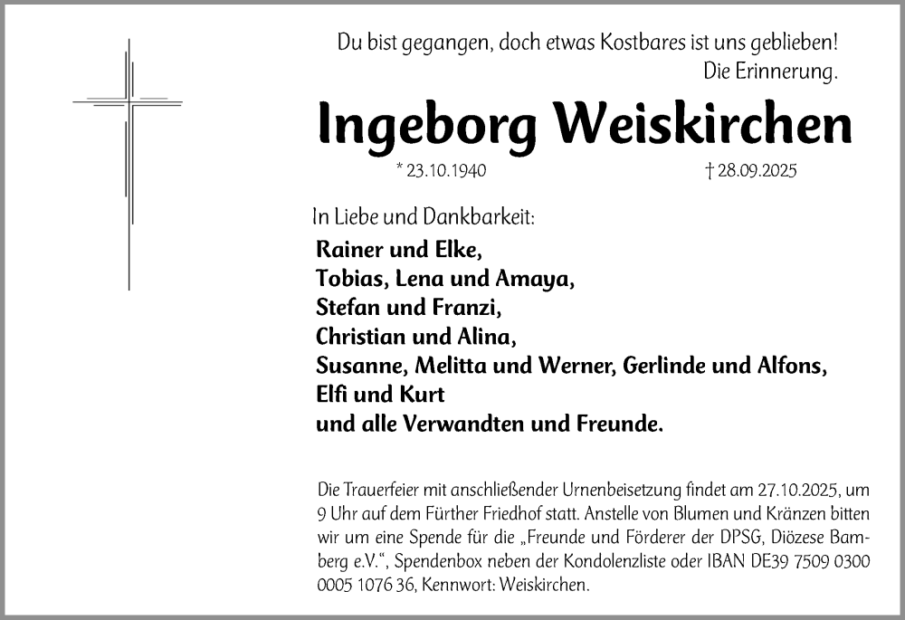  Traueranzeige für Ingeborg Weiskirchen vom 23.10.2025 aus Gesamtausgabe Nürnberger Nachrichten/ Nürnberger Ztg.