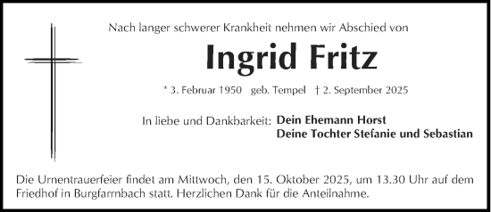 Traueranzeige von Ingrid Fritz von Fürther Nachrichten Lokal