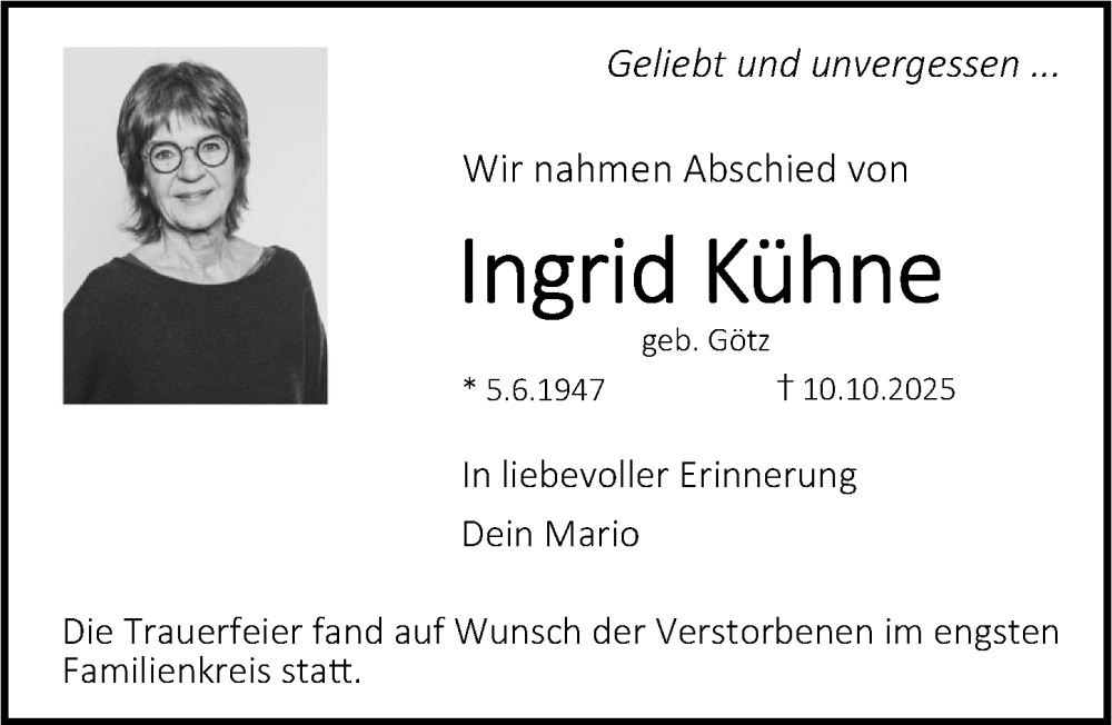  Traueranzeige für Ingrid Kühne vom 25.10.2025 aus Erlanger Nachrichten/ Gesamtausgabe Nürnberger Nachrichten/ Nürnberger Ztg.