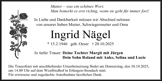 Traueranzeige von Ingrid Nägel von Erlanger Nachrichten Lokal