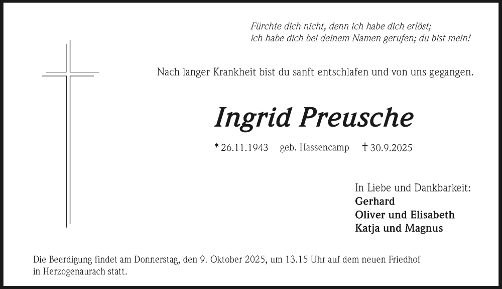 Traueranzeige für Ingrid Preusche vom 04.10.2025 aus Erlanger Nachrichten Lokal