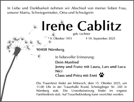 Traueranzeige von Irene Cablitz von Gesamtausgabe Nürnberger Nachrichten/ Nürnberger Ztg.
