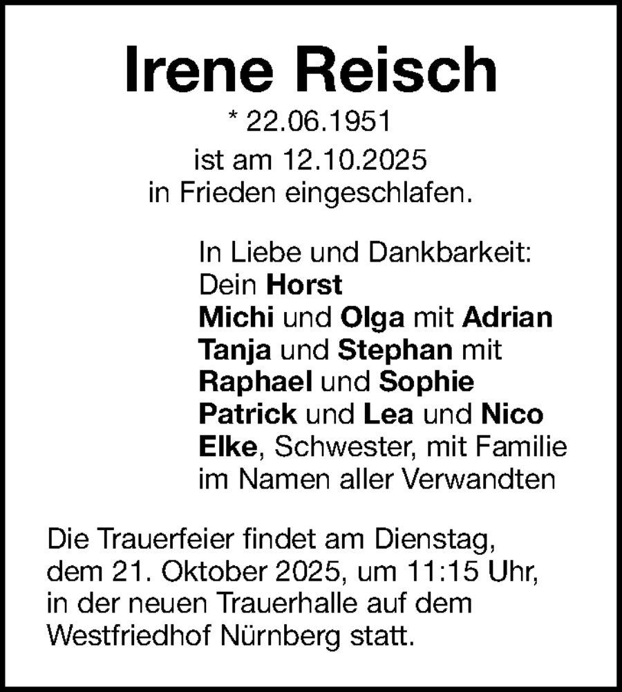  Traueranzeige für Irene Reisch vom 18.10.2025 aus Gesamtausgabe Nürnberger Nachrichten/ Nürnberger Ztg.