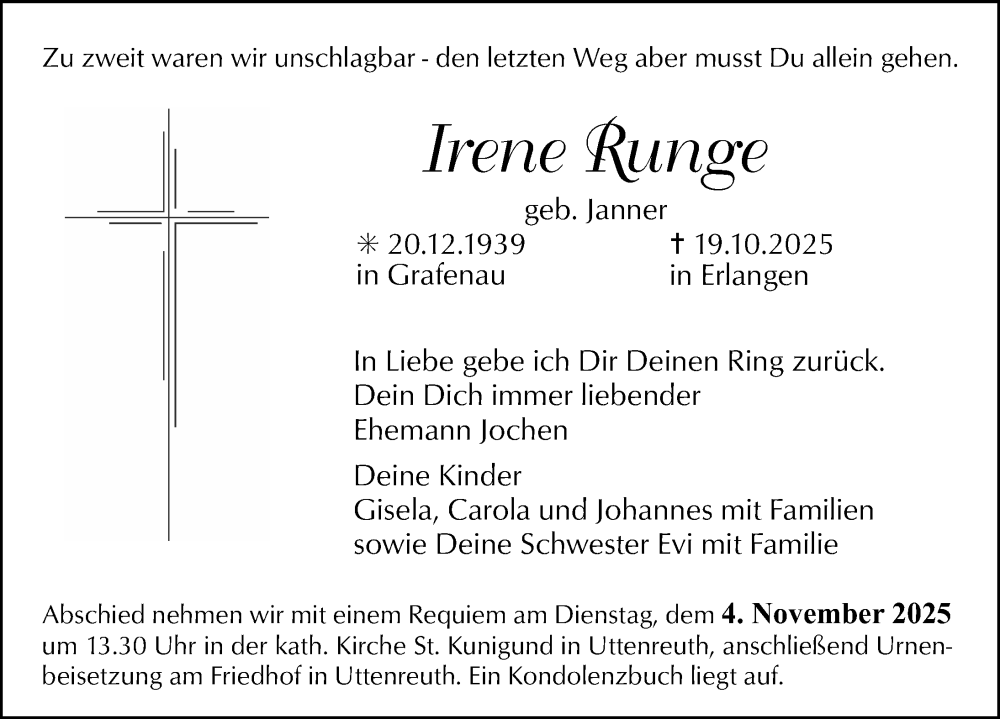  Traueranzeige für Irene Runge vom 25.10.2025 aus Erlanger Nachrichten Lokal