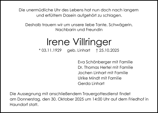 Traueranzeige von Irene Villringer von Altmühl-Bote Lokal