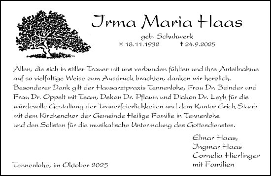 Traueranzeige von Irma Maria Haas von Erlanger Nachrichten Lokal