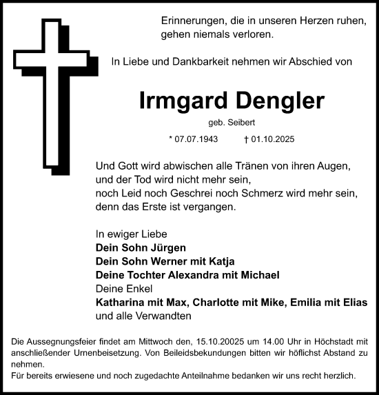Traueranzeige von Irmgard Dengler von Nordbayerische Nachrichten Herzogenaurach Lokal