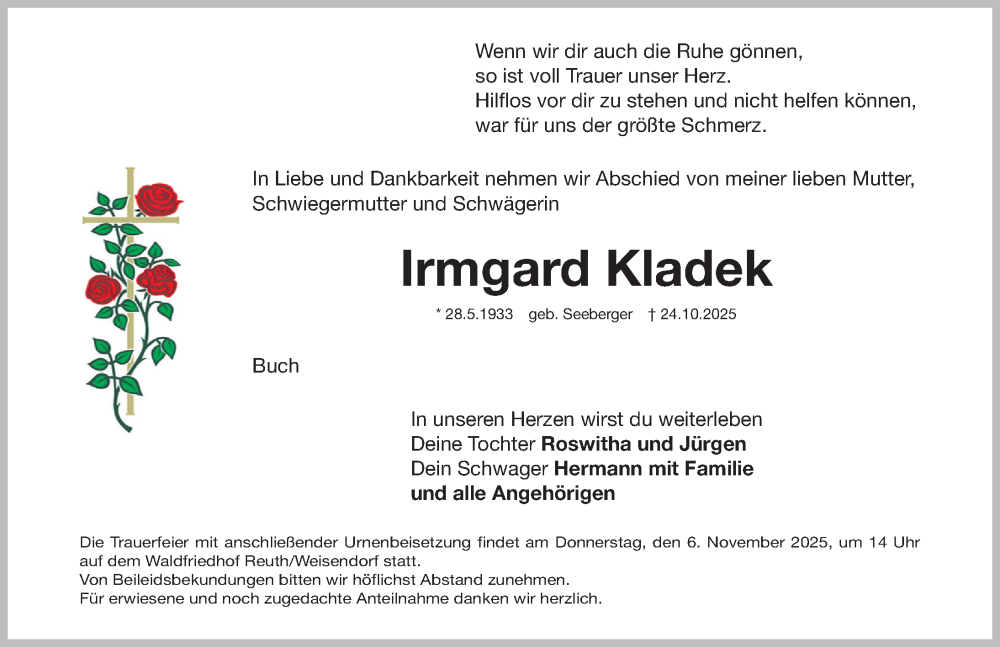  Traueranzeige für Irmgard Kladek vom 30.10.2025 aus Nordbayerische Nachrichten Herzogenaurach Lokal