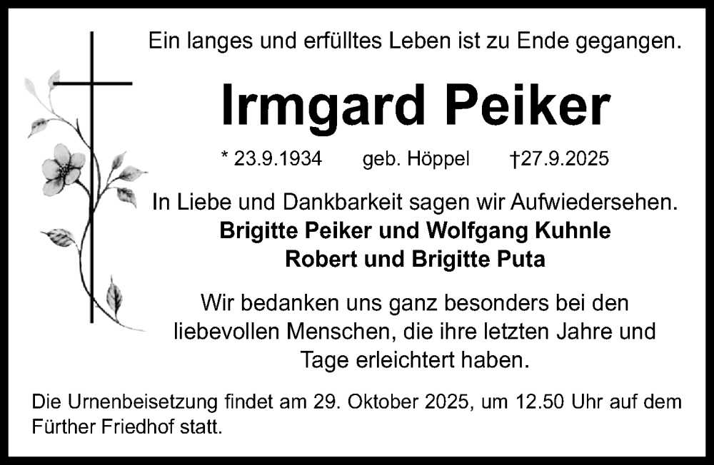  Traueranzeige für Irmgard Peiker vom 25.10.2025 aus Fürther Nachrichten Lokal