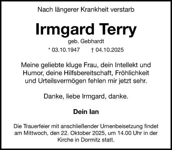 Traueranzeige von Irmgard Terry von Erlanger Nachrichten Lokal