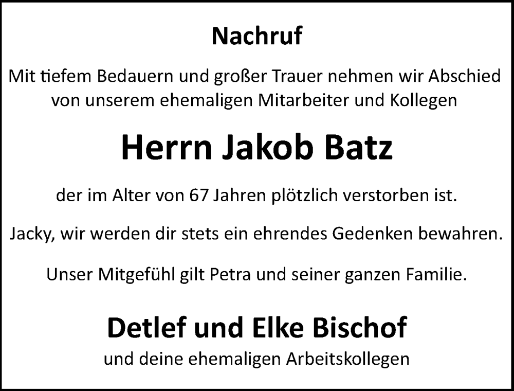  Traueranzeige für Jakob Batz vom 25.10.2025 aus Nordbayerische Nachrichten Forchheim Lokal