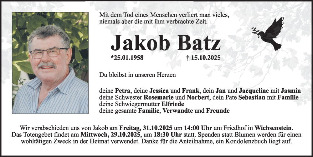  Traueranzeige für Jakob Batz vom 25.10.2025 aus Nordbayerische Nachrichten Forchheim Lokal