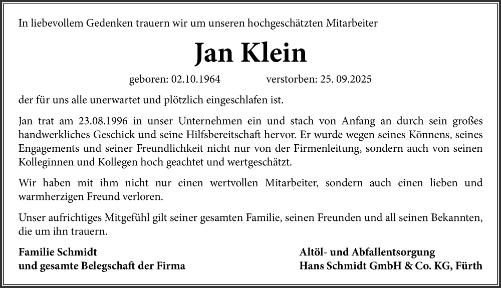  Traueranzeige für Jan Klein vom 04.10.2025 aus Fürther Nachrichten Lokal