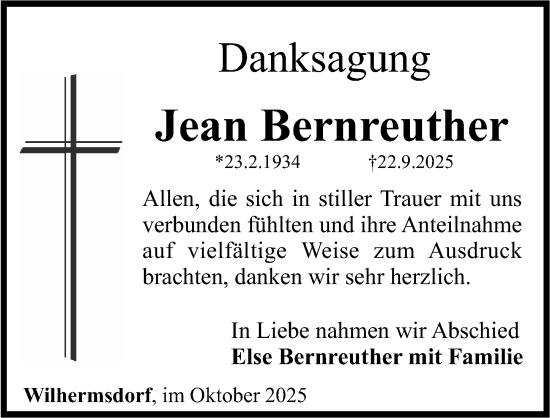 Traueranzeige von Jean Bernreuther von Fürther Nachrichten Lokal