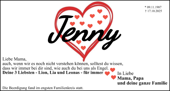 Traueranzeige von Jenny  von Schwabacher Tagblatt Lokal
