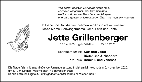 Traueranzeige von Jette Grillenberger von Schwabacher Tagblatt Lokal