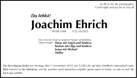 Traueranzeige von Joachim Ehrich von Fürther Nachrichten Lokal