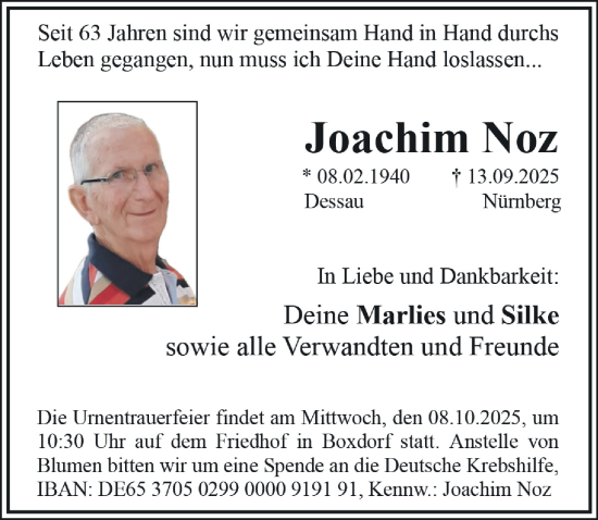 Traueranzeige von Joachim Noz von Gesamtausgabe Nürnberger Nachrichten/ Nürnberger Ztg.