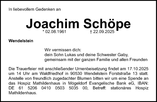 Traueranzeige von Joachim Schöpe von Gesamtausgabe Nürnberger Nachrichten/ Nürnberger Ztg.