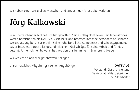 Traueranzeige von Jörg Kalkowski von Gesamtausgabe Nürnberger Nachrichten/ Nürnberger Ztg.