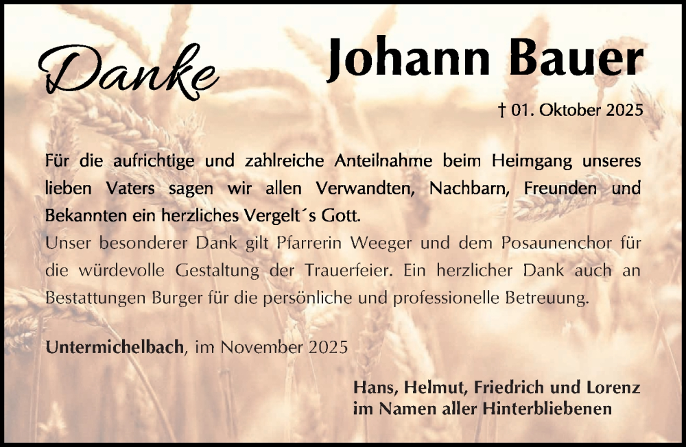  Traueranzeige für Johann Bauer vom 31.10.2025 aus Fürther Nachrichten Lokal