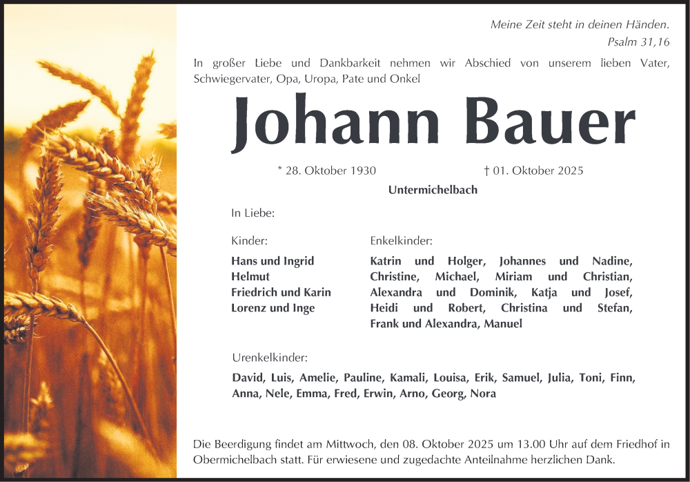  Traueranzeige für Johann Bauer vom 04.10.2025 aus Fürther Nachrichten Lokal