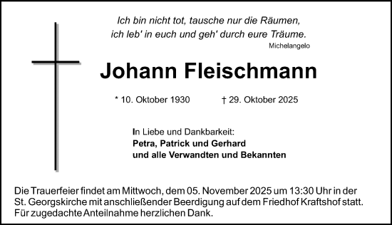 Traueranzeige von Johann Fleischmann von Gesamtausgabe Nürnberger Nachrichten/ Nürnberger Ztg.