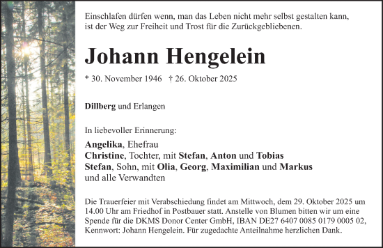 Traueranzeige von Johann Hengelein von Neumarkter Nachrichten Lokal