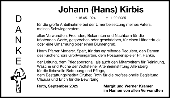 Traueranzeige von Johann Kirbis von Roth-Hilpoltsteiner Volkszeitung Lokal