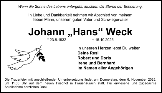 Traueranzeige von Johann Weck von Erlanger Nachrichten Lokal