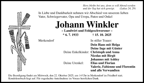 Traueranzeige von Johann Winkler von Altmühl-Bote Lokal