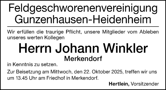 Traueranzeige von Johann Winkler von Altmühl-Bote Lokal