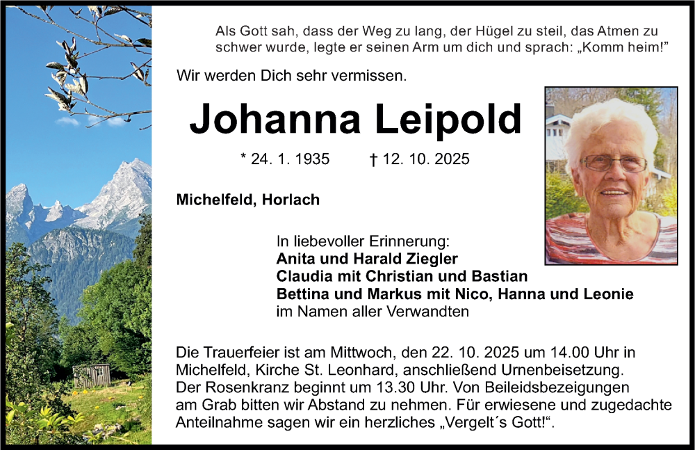 Traueranzeige für Johanna Leipold vom 21.10.2025 aus Nordbayerische Nachrichten Pegnitz Lokal