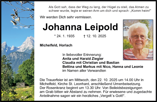 Traueranzeige von Johanna Leipold von Nordbayerische Nachrichten Pegnitz Lokal