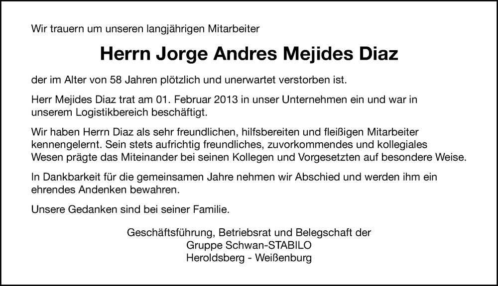  Traueranzeige für Jorge Andres Mejides Diaz vom 25.10.2025 aus Gesamtausgabe Nürnberger Nachrichten/ Nürnberger Ztg.