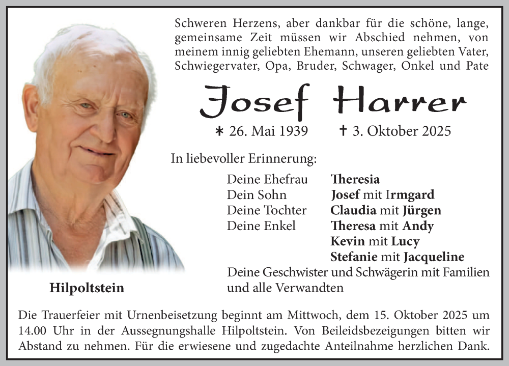  Traueranzeige für Josef Harrer vom 11.10.2025 aus Roth-Hilpoltsteiner Volkszeitung Lokal