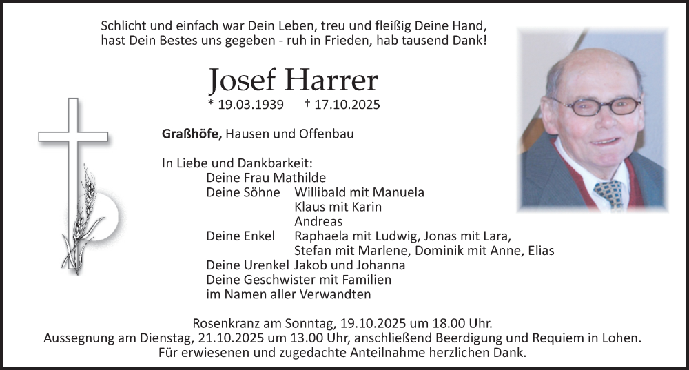  Traueranzeige für Josef Harrer vom 18.10.2025 aus Roth-Hilpoltsteiner Volkszeitung Lokal