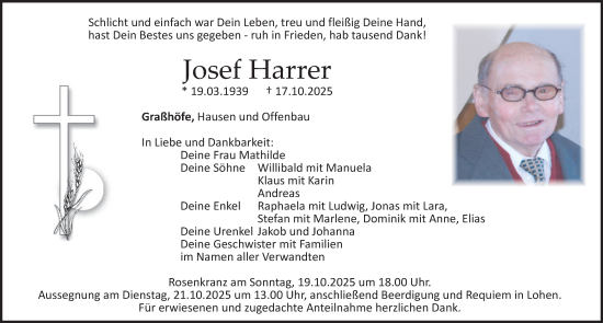 Traueranzeige von Josef Harrer von Roth-Hilpoltsteiner Volkszeitung Lokal