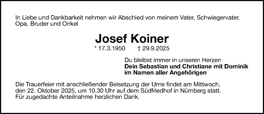 Traueranzeige für Josef Koiner vom 18.10.2025 aus Gesamtausgabe Nürnberger Nachrichten/ Nürnberger Ztg.