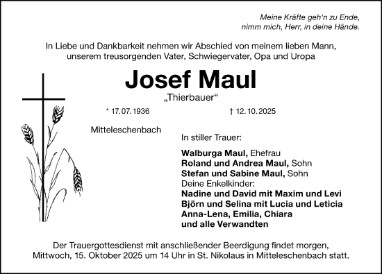 Traueranzeige von Josef Maul von Altmühl-Bote Lokal