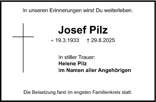 Traueranzeige von Josef Pilz von Schwabacher Tagblatt Lokal